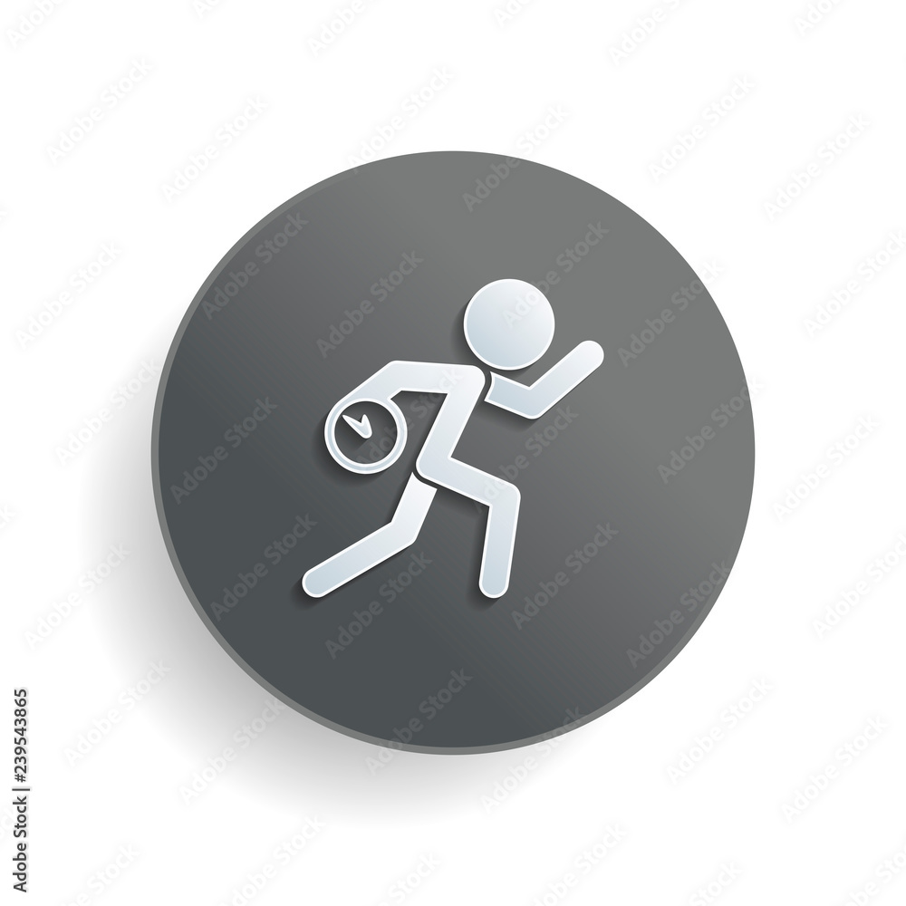 Poster running man with clock. simple icon. to be late. an unpleasant situation. white paper symbol on gray