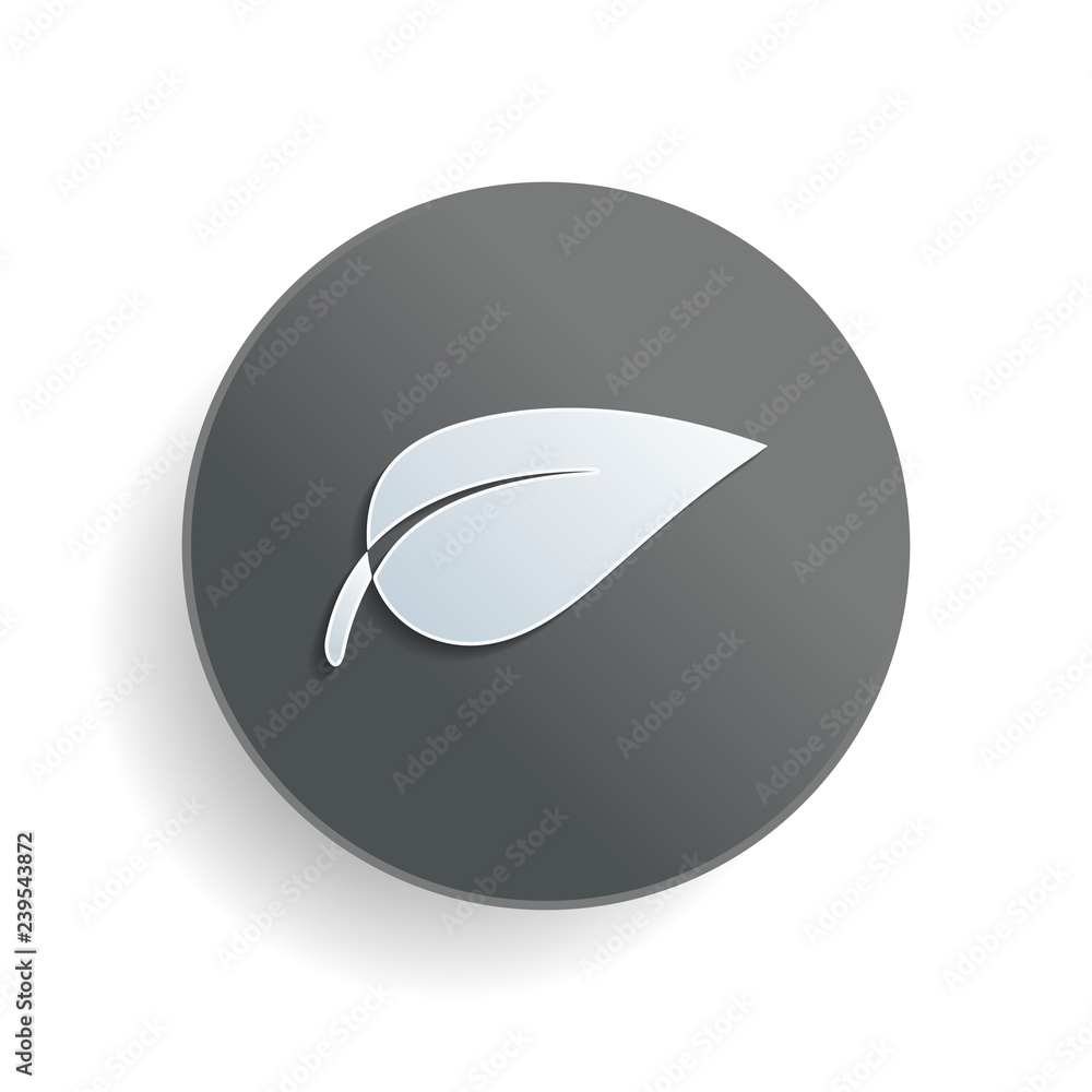 Poster leaf icon. white paper symbol on gray round button with shadow