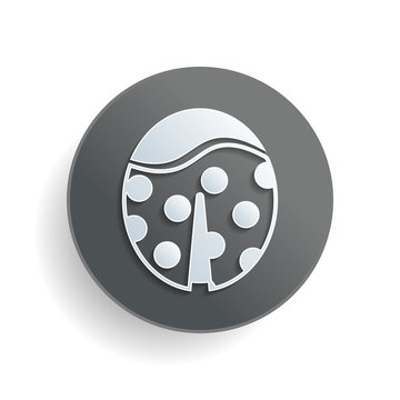 Ladybug icon. White paper symbol on gray round button with shadow