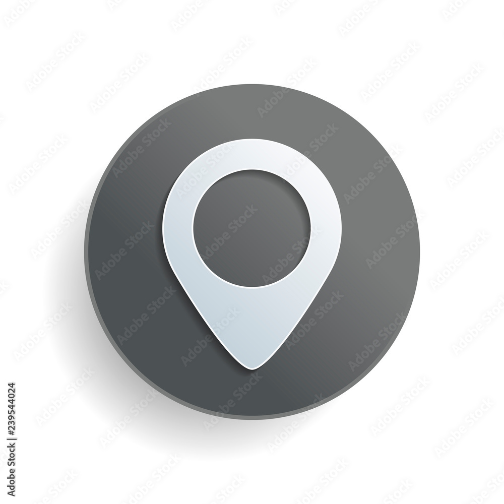 Poster map label icon. white paper symbol on gray round button with shadow