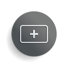 First aid box. simple icon. White paper symbol on gray round button with shadow