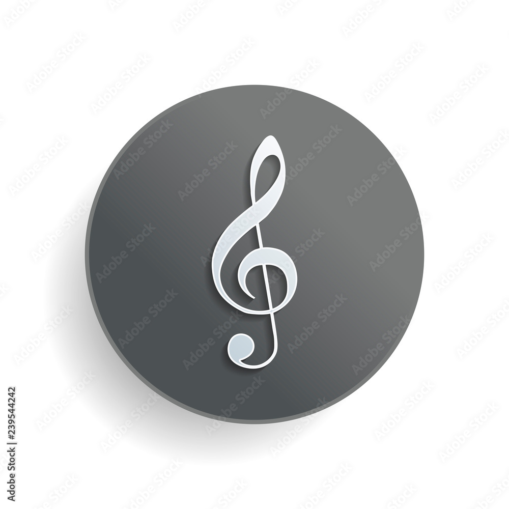 Aufkleber simple icon of treble key. white paper symbol on gray round button with shadow
