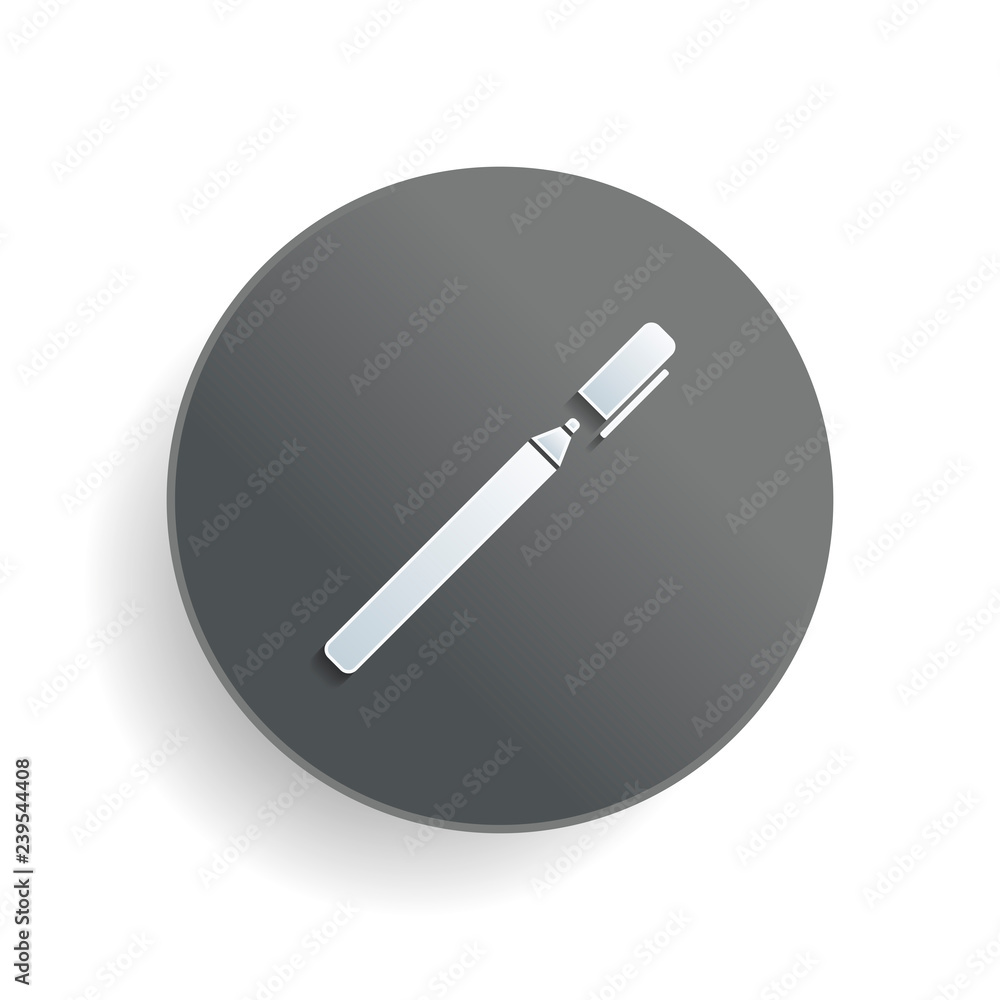 Poster pen or marker icon. white paper symbol on gray round button with shadow
