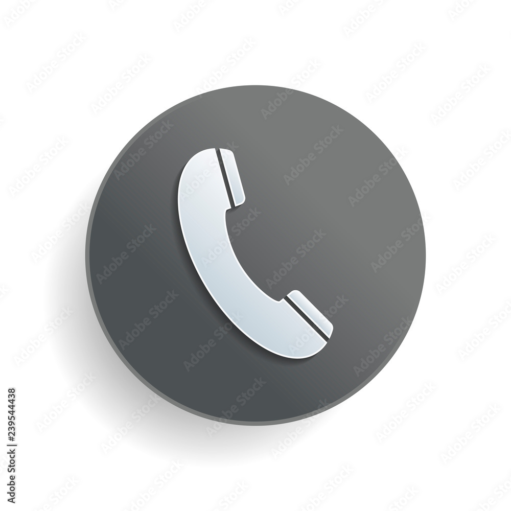 Poster telephone receiver icon. white paper symbol on gray round button with shadow