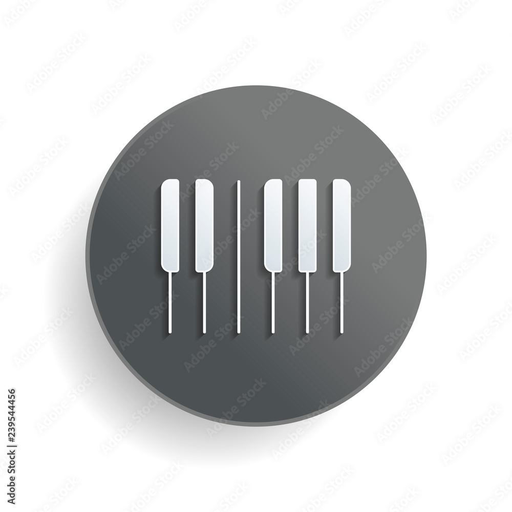 Poster piano keyboard icon. horizontal view. white paper symbol on gray round button with shadow