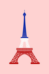 Fototapeta na wymiar Vector illustration of Eiffel Tower painted in the colors of the French flag on pink background
