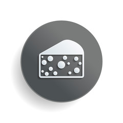 piece of cheese icon. White paper symbol on gray round button with shadow