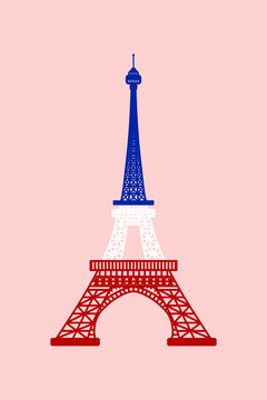 Vector illustration of Eiffel Tower painted in the colors of the French flag on pink background