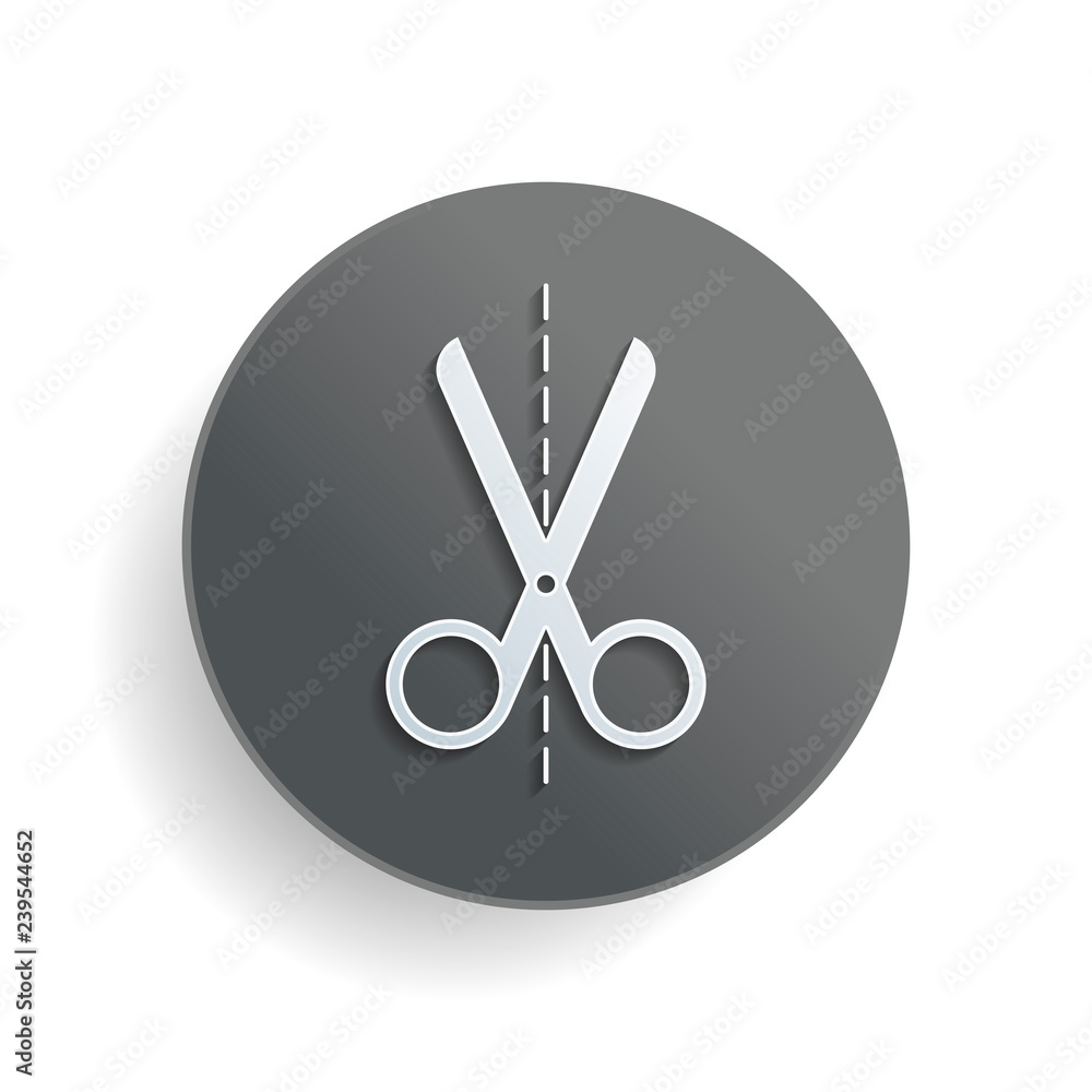 Poster scissors icon. white paper symbol on gray round button with shadow