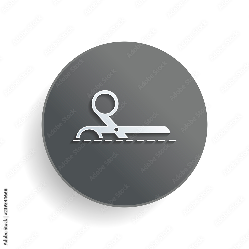 Poster scissors icon. white paper symbol on gray round button with shadow