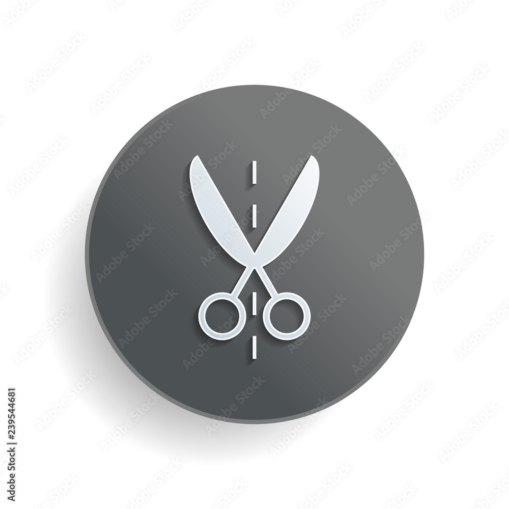 Poster scissor icon. white paper symbol on gray round button with shadow