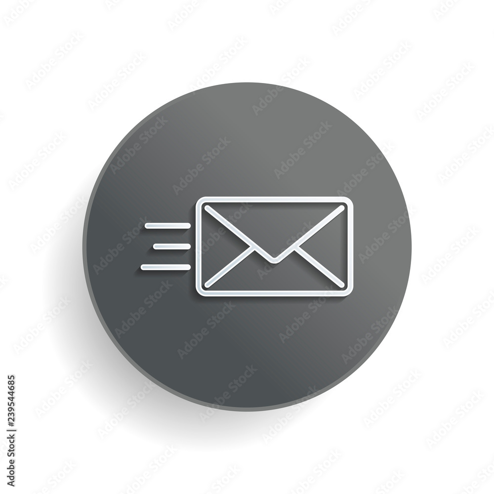 Poster send mail icon. sms line. white paper symbol on gray round button with shadow
