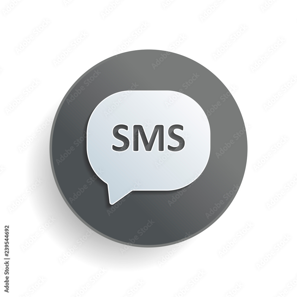 Poster sms icon. white paper symbol on gray round button with shadow