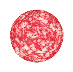 .Slices of salami. Isolated on a white background. sausage cut.uncooked smoked.mincemeat..