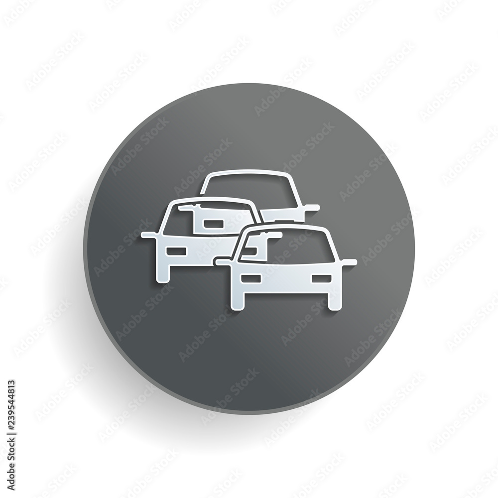 Poster traffic jam icon. white paper symbol on gray round button with shadow