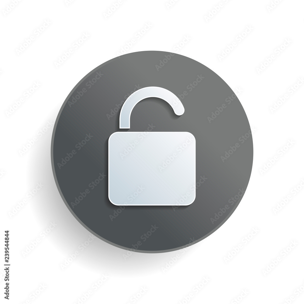 Poster unlock icon. white paper symbol on gray round button with shadow