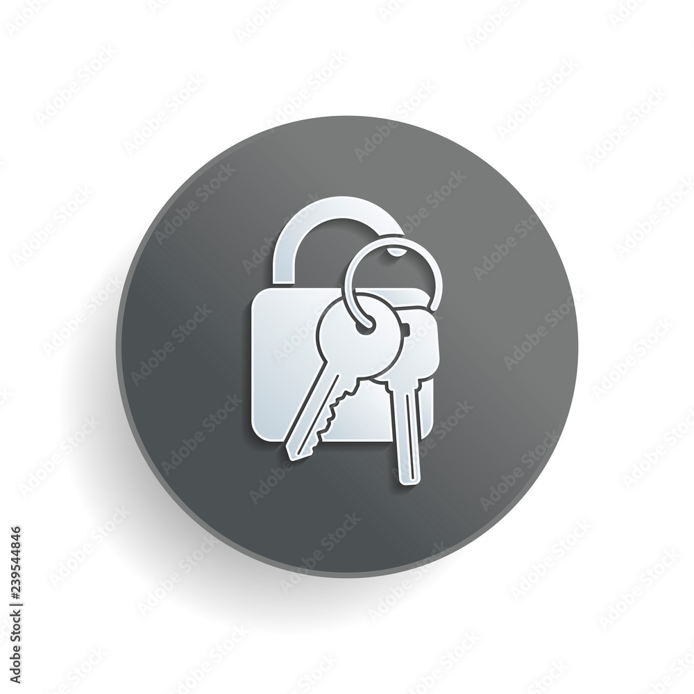 Poster unlock and keys icon. white paper symbol on gray round button with shadow