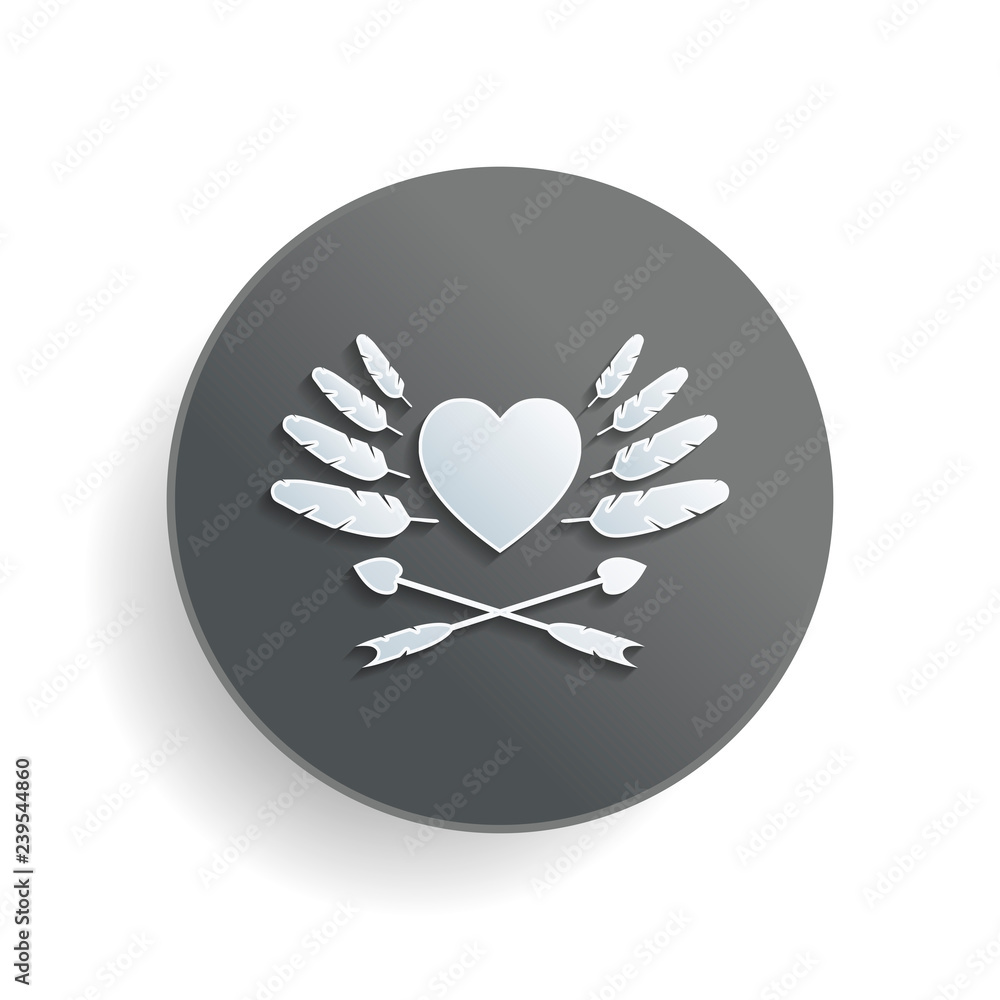 Poster uncolored icon of valentines day with heart, feathers and arrows. white paper symbol on gray round b