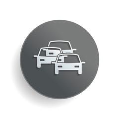 traffic jam icon. White paper symbol on gray round button with shadow