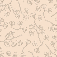  Delicate branches with leaves. Hand-drawing black and white pattern on a vintage pink background. Seamless vector pattern.