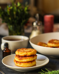 pancakes with chocolate (syrniki). food background