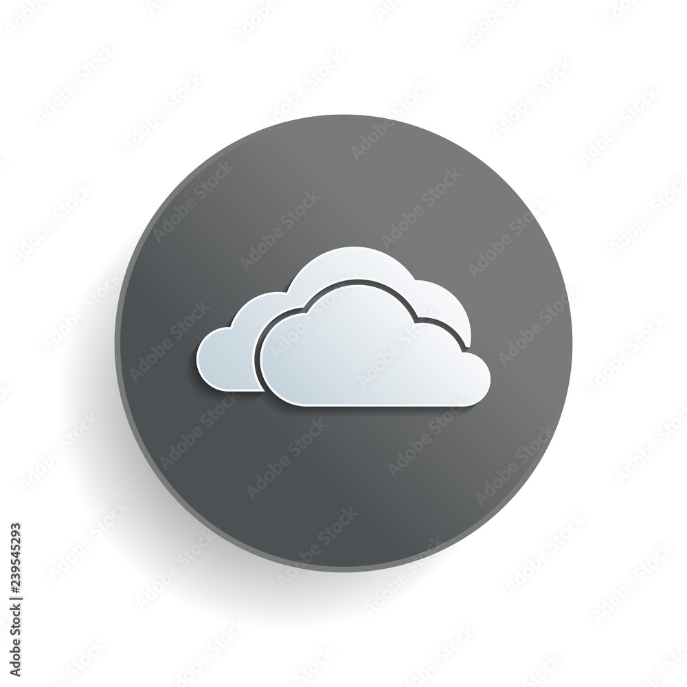 Poster cloudy weather icon. white paper symbol on gray round button with shadow