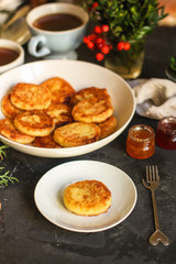 pancakes with chocolate (syrniki). food background