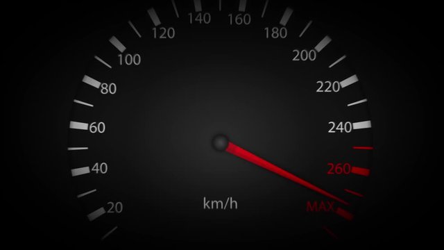 4k Car Speedometer Pointer High Speed Loop/ 4k animation of a car or truck speedometer start-up background, with pointer indicator on full max speed position