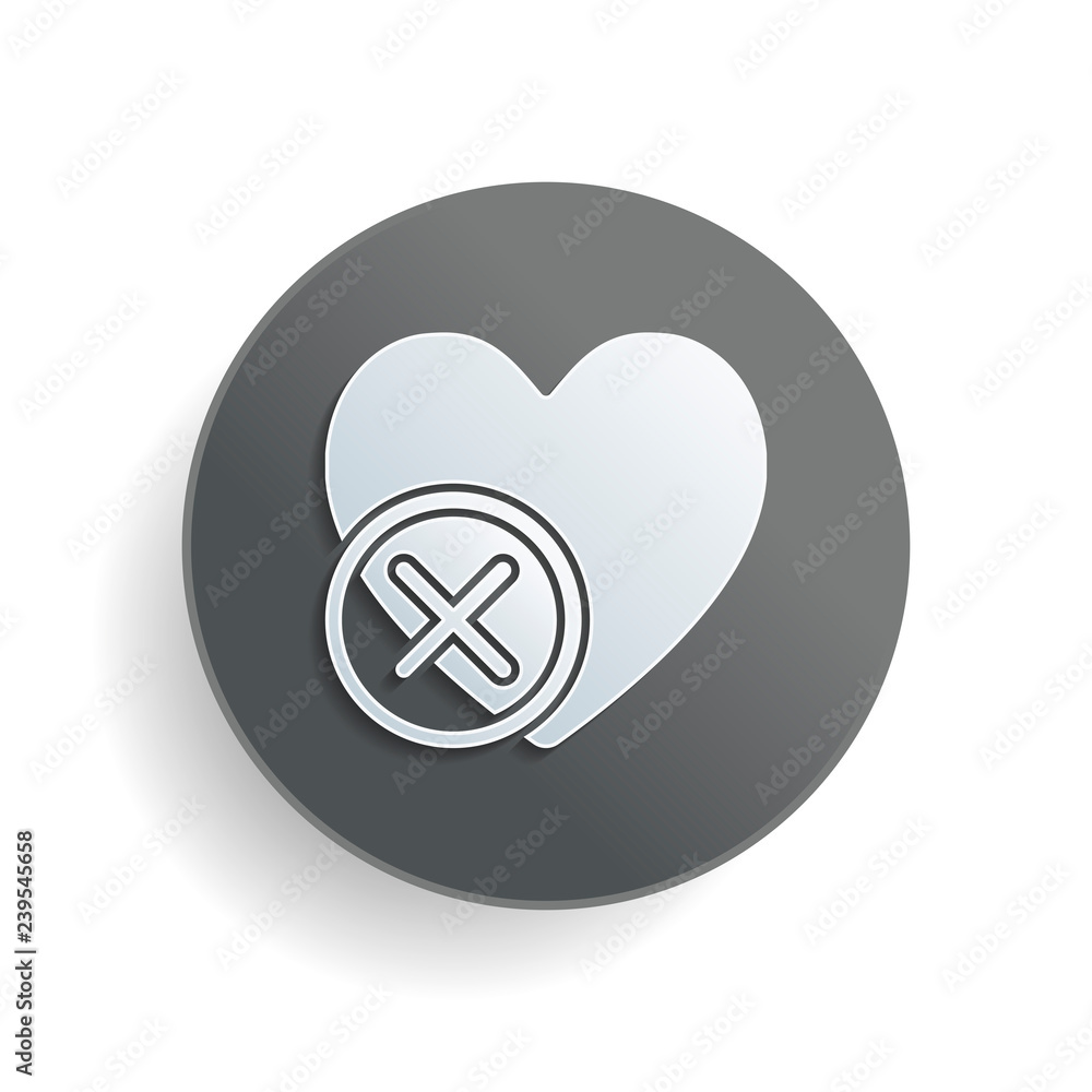 Poster heart with cross. simple silhouette. white paper symbol on gray round button with shadow