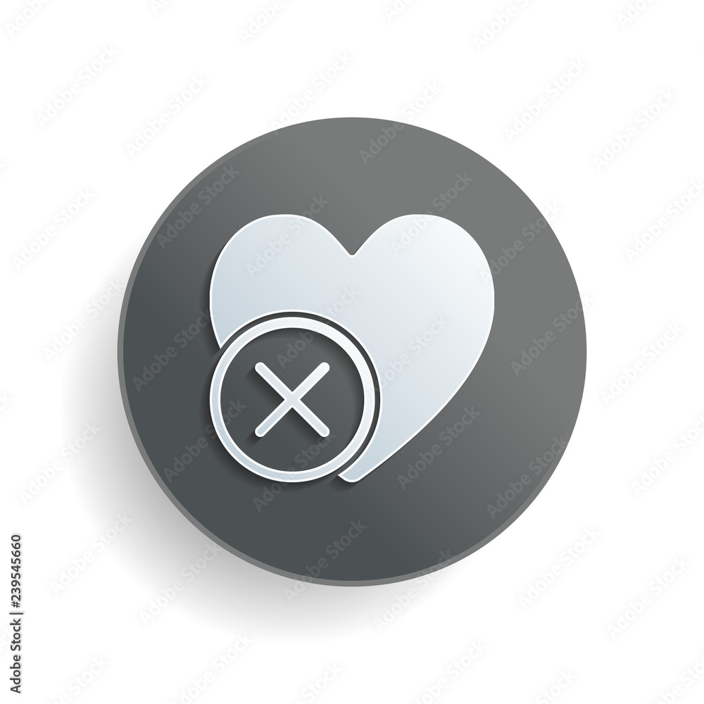 Poster heart with cross. simple silhouette. white paper symbol on gray round button with shadow