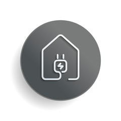 house with electric power plug icon. line style. White paper symbol on gray round button with shadow