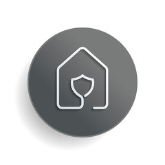 house with protect icon. line style. White paper symbol on gray round button with shadow