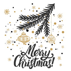 Christmas greeting card. Christmas trees covered with snow, snowflakes, patterns, lettering - Merry Christmas.