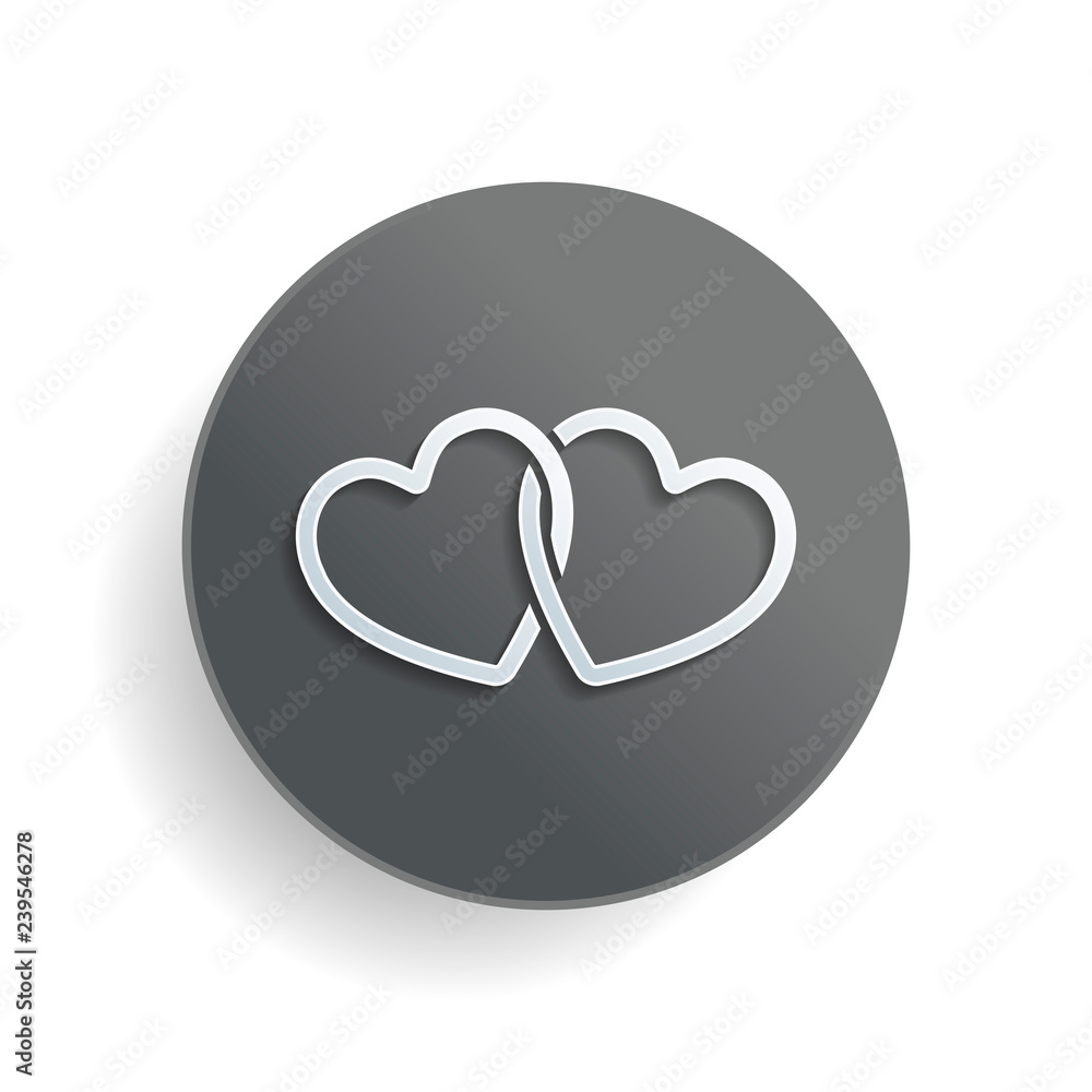 Poster linked hearts icon. white paper symbol on gray round button with shadow