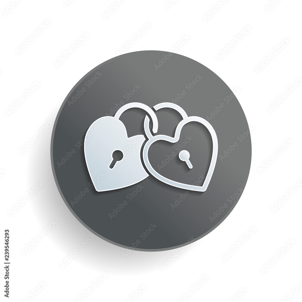 Poster linked hearts, lock icon. white paper symbol on gray round button with shadow