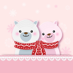 Teddy Bear on pink background for Greeting card,  paper art style
