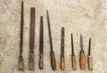 Tools for metal processing on the asphalt. Close-up.