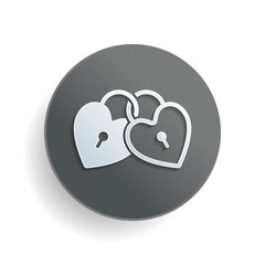 linked hearts, lock icon. White paper symbol on gray round button with shadow