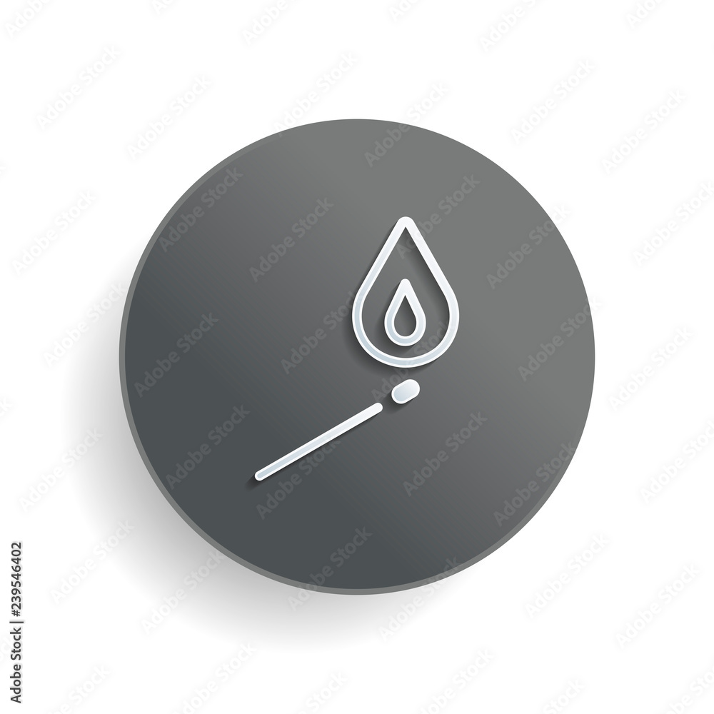 Poster match with flame of fire. simple silhouette. white paper symbol on gray round button with shadow