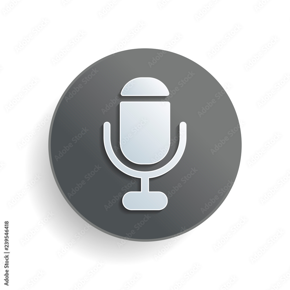 Poster microphone. simple silhouette. white paper symbol on gray round button with shadow