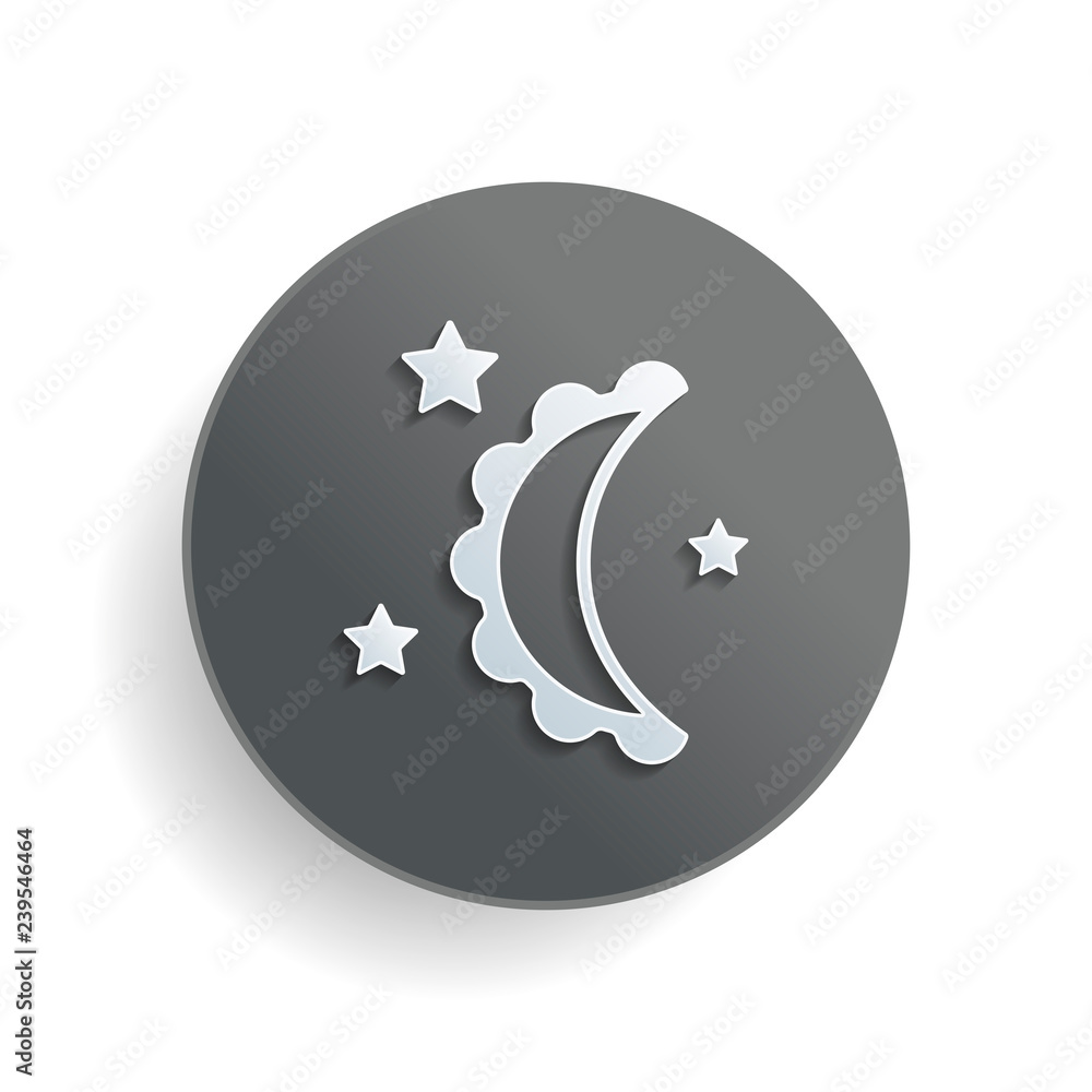 Poster moon and stars. simple silhouette. white paper symbol on gray round button with shadow