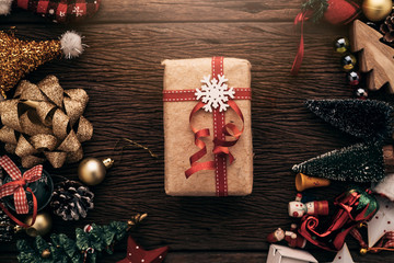 festive ideas concept Top View   Christmas Gifts on dark wooden texture Background