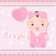 Baby girl shower card, baby girl holding balloon on pink