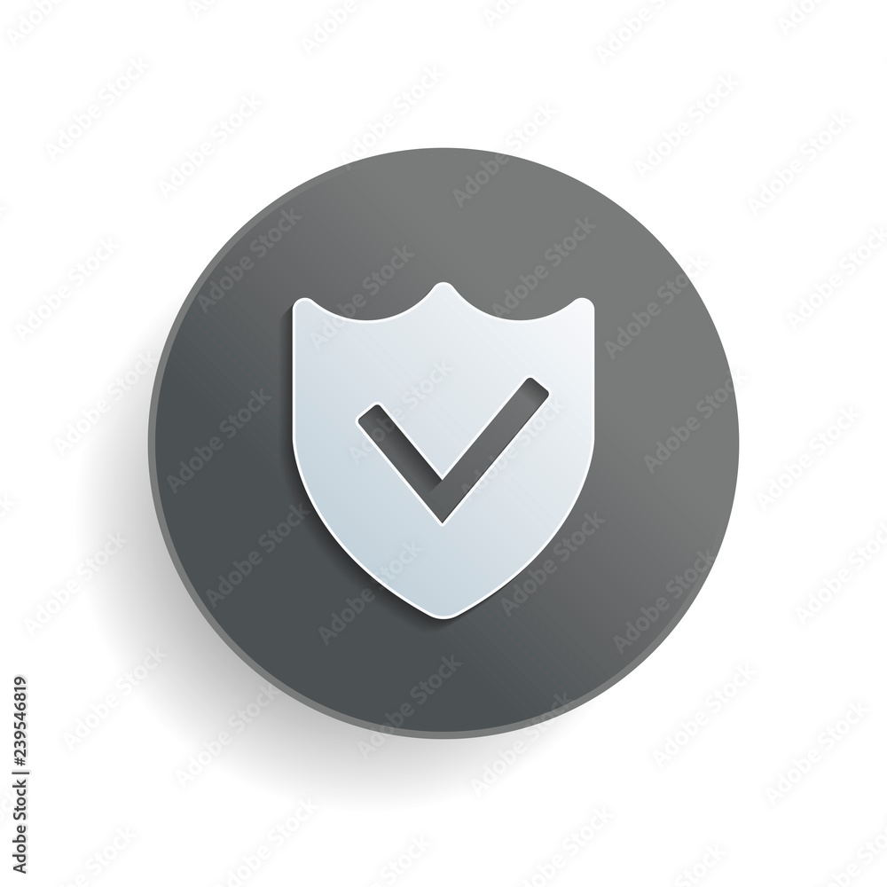 Poster protection success. simple icon. white paper symbol on gray round button with shadow
