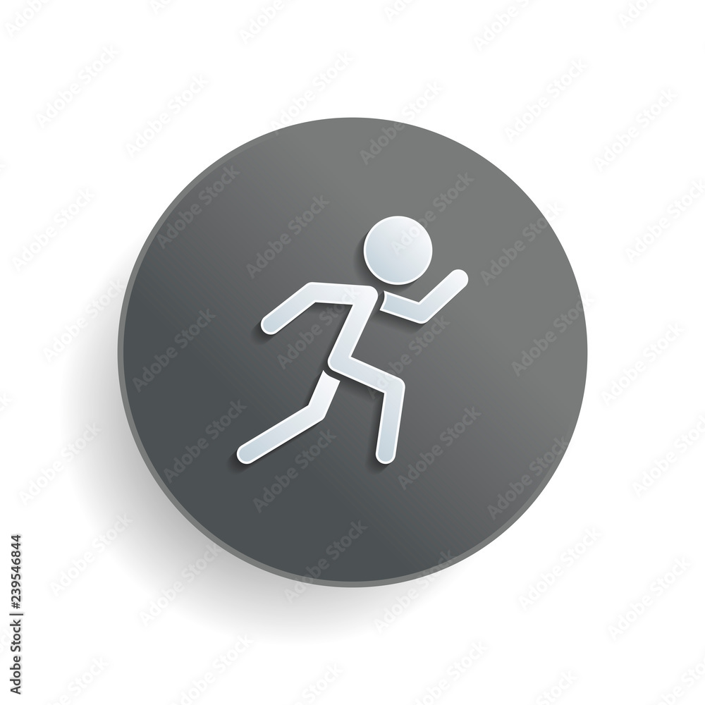 Poster running man. simple icon. white paper symbol on gray round button with shadow