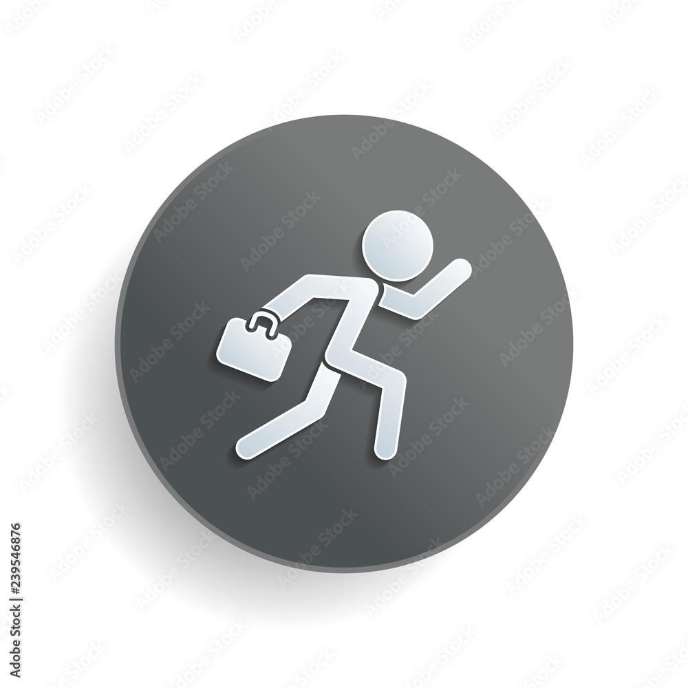 Poster running man with case. white paper symbol on gray round button with shadow