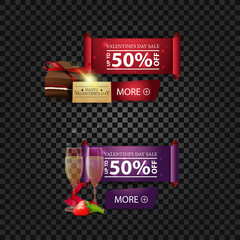 Valentine's Day banners with button, chocolate candy and glasses of champagne 