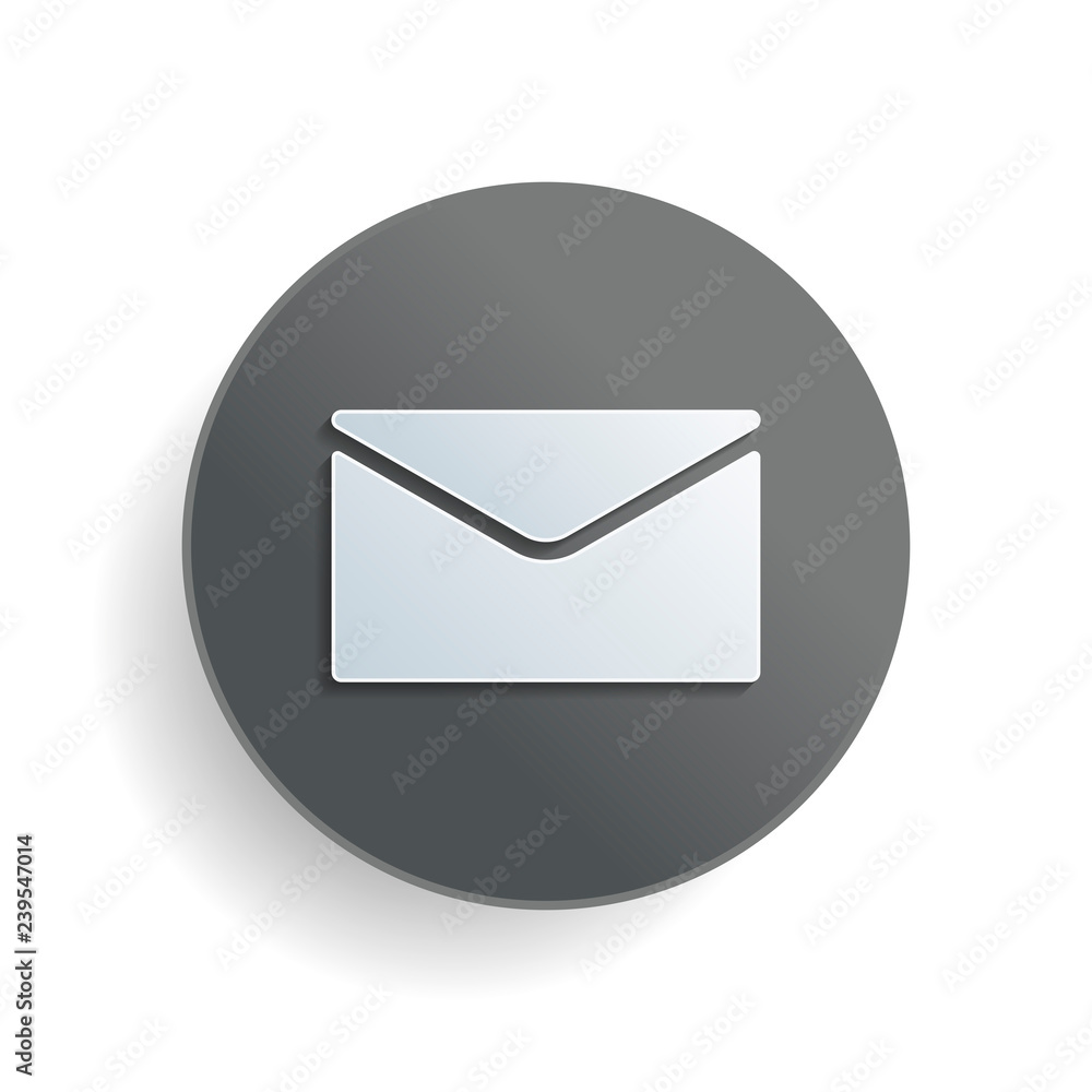 Poster simple letter icon. white paper symbol on gray round button with shadow