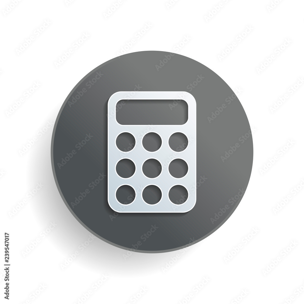 Poster simple calculator icon. white paper symbol on gray round button with shadow