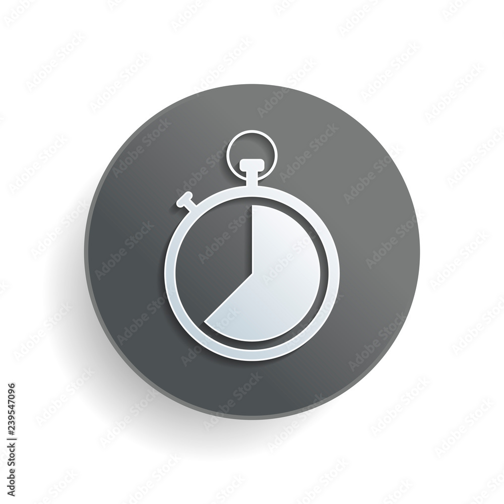 Poster stopwatch. simple icon. white paper symbol on gray round button with shadow